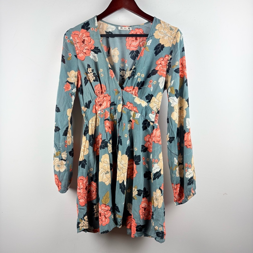 Billabong Your Love Skater Mini Dress Blue Pink Floral Flowy Rayon Boho Medium - Picture 4 of 12